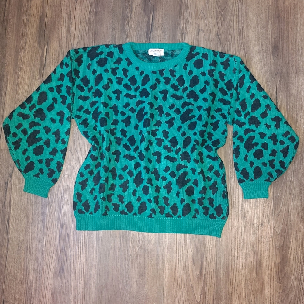 1980s Vintage Green Leopard Chunky Knit Sweater by Objectives